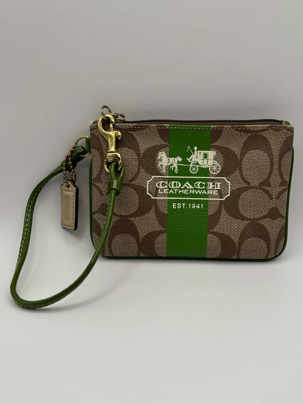 Coach Signature Heritage Stripe Small Wristlet Green Jacquard Leatherware 1941